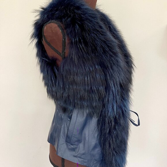 NWOT Leather Vest Navy Blue Real Fox Fur S size - Picture 1 of 16